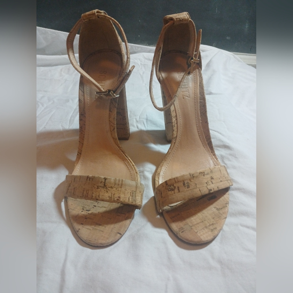 SCHUTZ Enida Cork Block Heels Womens 8.5B Ankle Strap Natural Shoes Sandal Tan